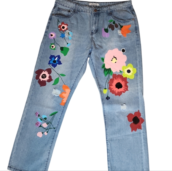 Y2K🔮MISSLOOK DENIM HAND PAINTED FLORAL STRAIGHT LEG JEANS Sz 2XL - Picture 2 of 5